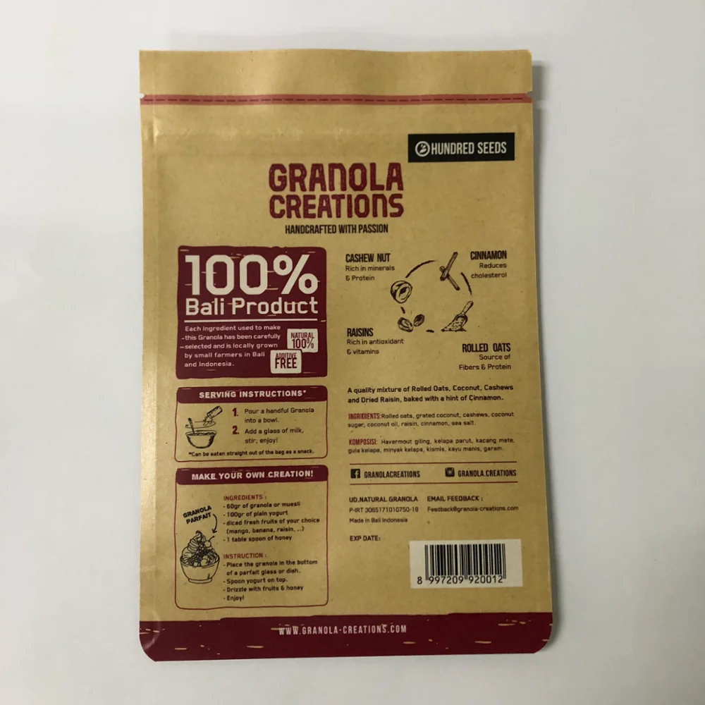 Granola Creation Seeds packaging 1.25kg 20x30+5CM Clear Brown Zip Lock Zipper Kraft Paper Bag