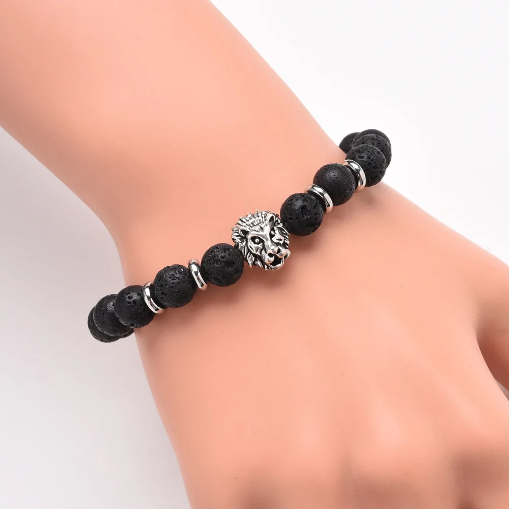 Lava Stone Meditation Power Bracelet Silver Lion Head Owl Leopard Spiderman Matte Pearl Natural Stone Bracelet.