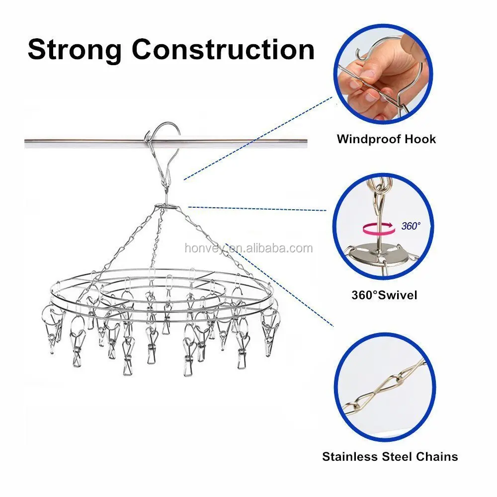 
HONVEY Stainless Steel Clothespins Round Hanging Drying Rack-Laundry Drip Hanger with 20 Clips for Drying Clothing,Socks,Towels 