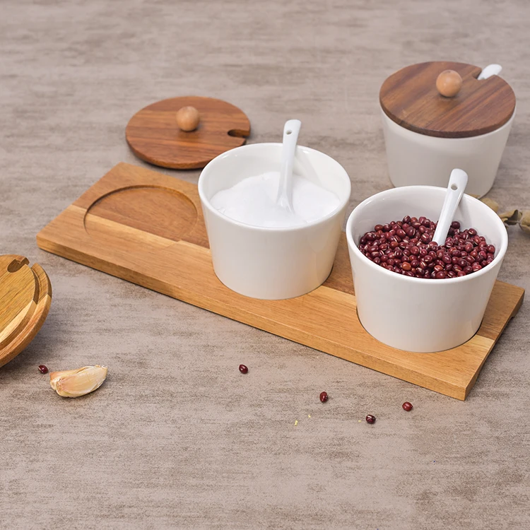 Kitchenware white ceramic condiment kitchen spice jars spice jar set with wooden lid and stand