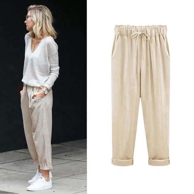
Cotton and linen fertilizer plus-size loose thin linen nine minutes of pants 