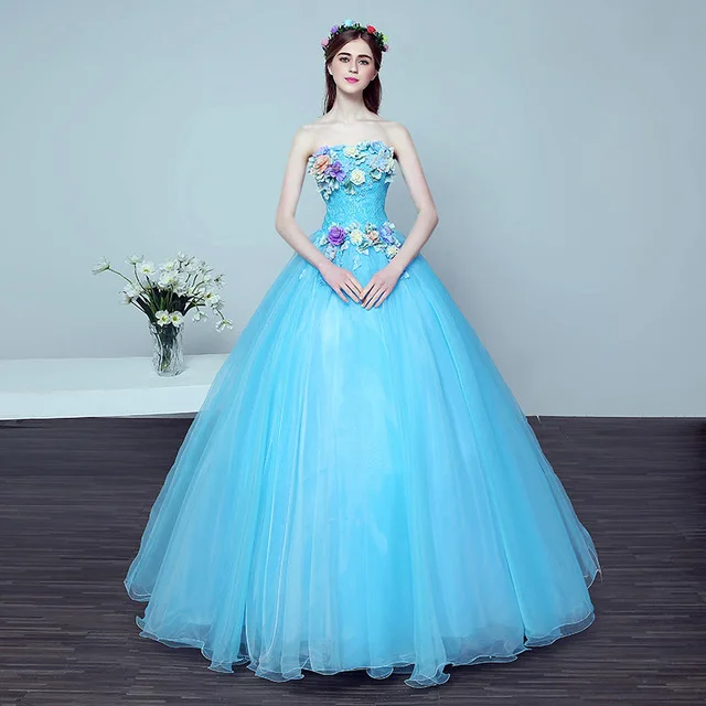 2018 New Korean Style Beaded Flower Purple Colored wedding dress Light blue Princess Wedding Gowns