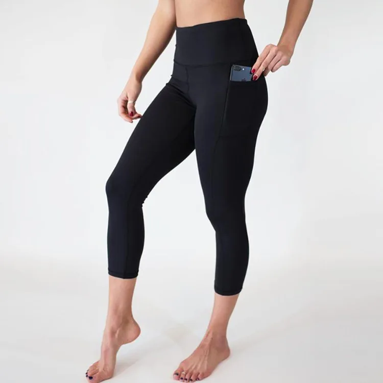 Europe style empire solid color tight women exercise jogging pants sexy girls wearing yoga ninth pants with pocket