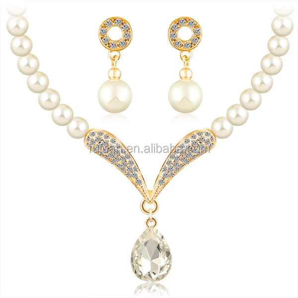 
New elegant womens crystal pendent silver jewelry pearl set 