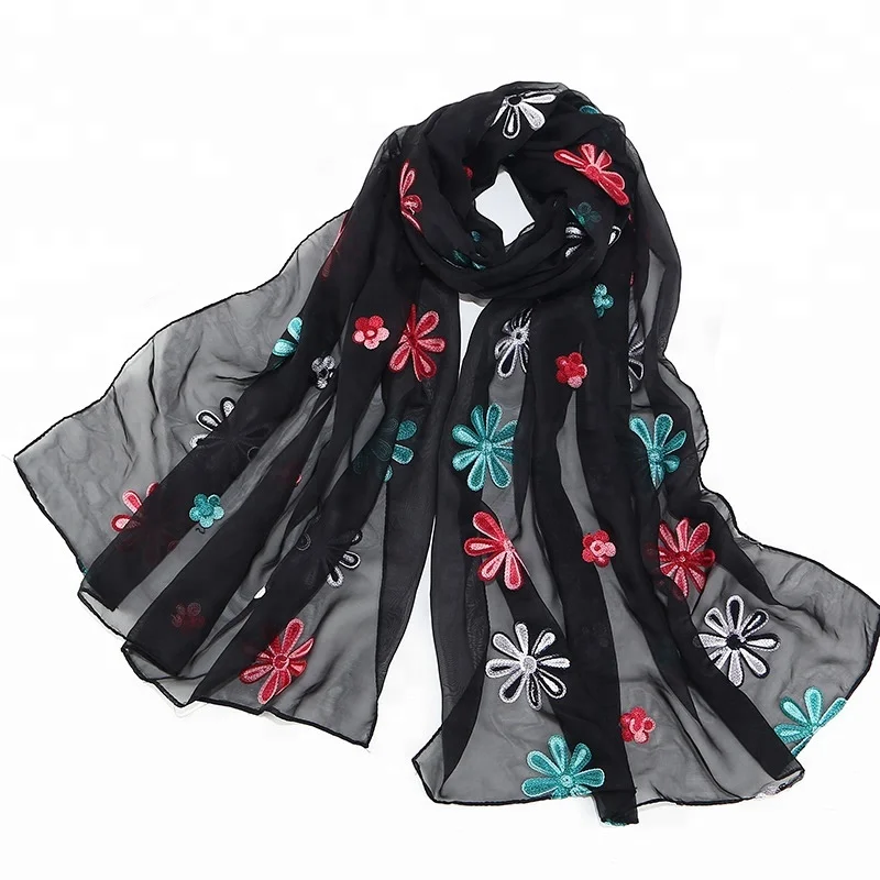 Wholesale Fashion Indian Nepal 2020 Elegant Women Spring Summer Literature And Art Embroidery Flower Silk Scarf Shawl Scarves