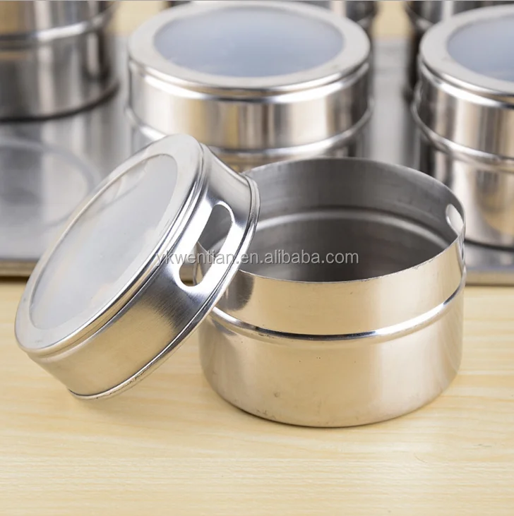 Herb & Spice Tools Spice & Pepper Shakers 6 Pcs Kitchen Stainless Steel Magnetic Spice Jars Storage Tins With Stainless Rack