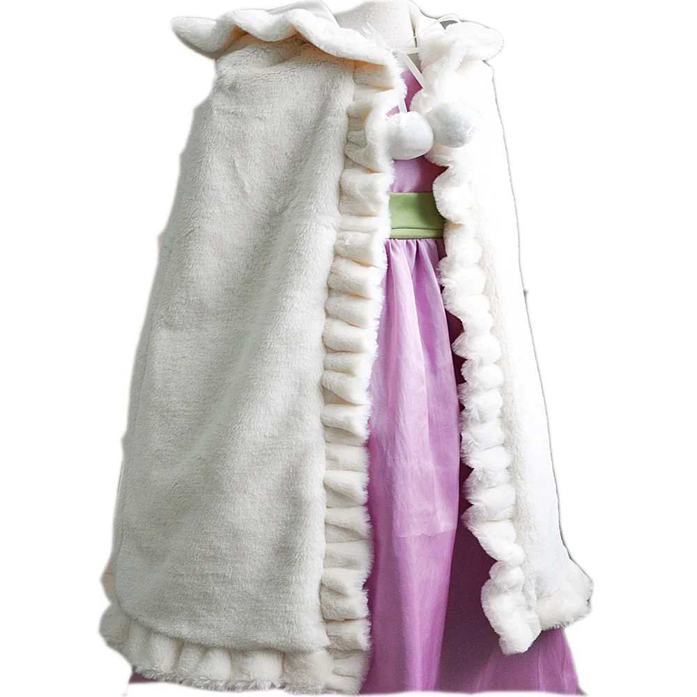 Hot selling Princess Baby Flower Girls Hooded Cape Winter Wedding Cloak For Kids Junior Bridesmaid Warm Fur