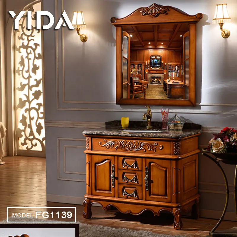 Foshan factory waterproof wood antique bathroom cabinet solid wood classic bathroom vanity cabinet