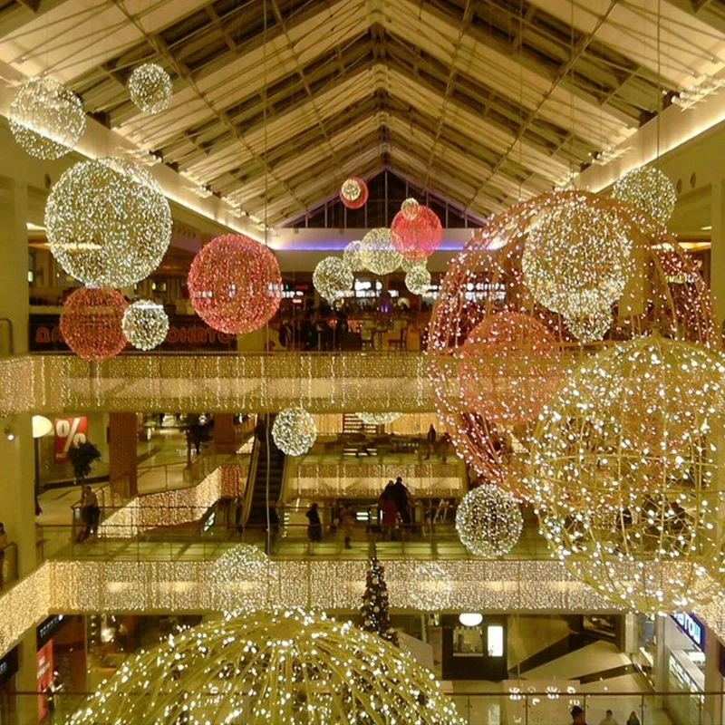 Outdoor large LED lighted Christmas wire frame spheres for commercial shopping street Christmas decoration