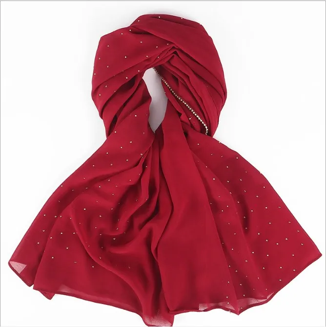 Женский длинный шифоновый шарф, модный монохромный шарф из Малайзии и Индонезии с жемчужинами и бриллиантами, весна-лето