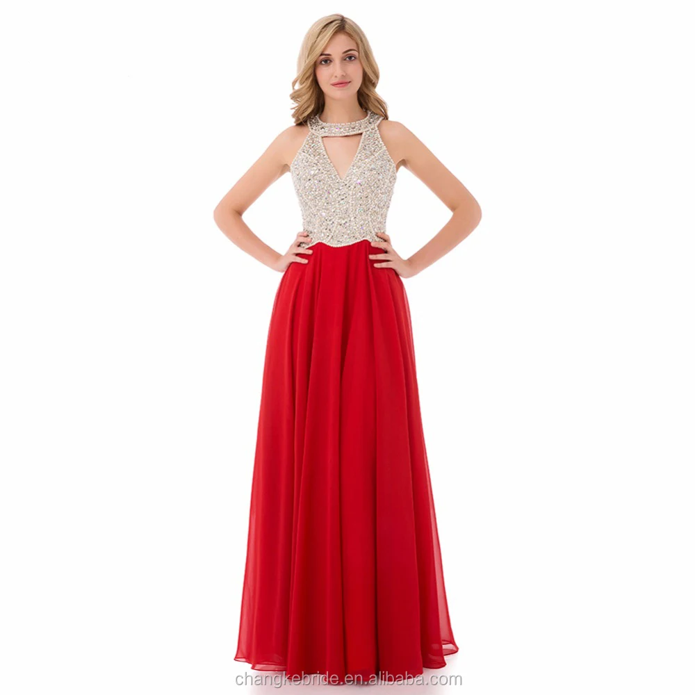 Elegant Red O Neck A Line Chiffon Sleeveless Long Evening Dresses 2018 With Beading