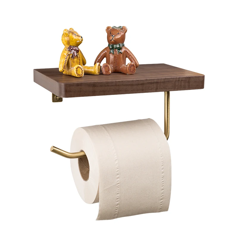 Qiansi Bathroom Accessories metal wood walnut toilet paper holder with shelf