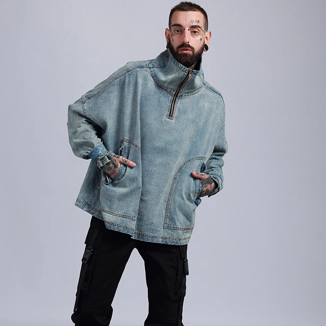 Custom casual high collar loose retro oversize denim jacket for men