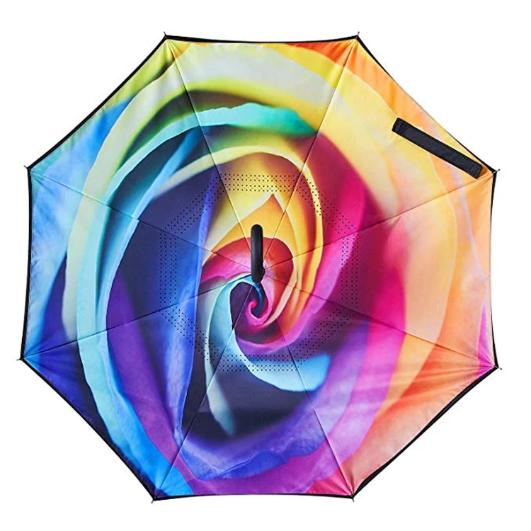 reverse umbrella Rainbow full print inside double layer c handle custom logo print for promotion gift reverse inverted umbrella