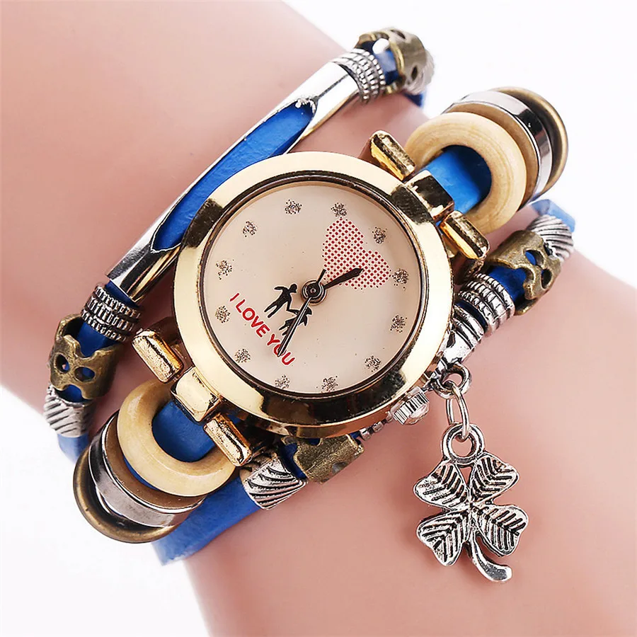 Wholesale cheap price Fashion Women Casual Leather watches Flower pendant  lady delicate Weave Wrap bracelet Watch in Yiwu