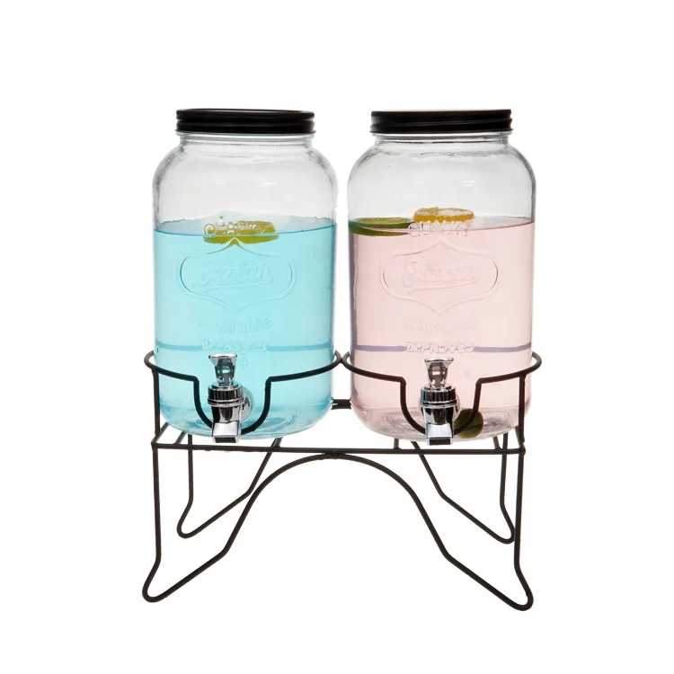 
glass double beverage dispenser on stand with lead free spigot 
