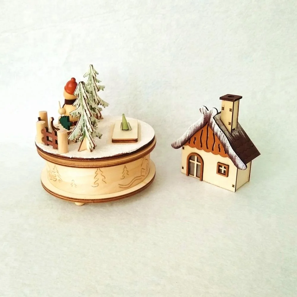 Wood craft snowman mechanical music boxes with smoking house
