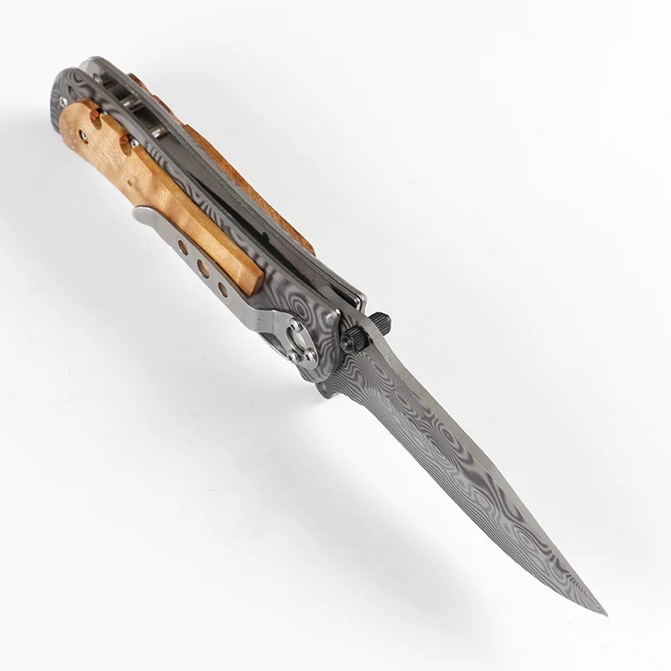 
Wooden handle folding pocket knife EDC knife with Damascus laser pattern surface 