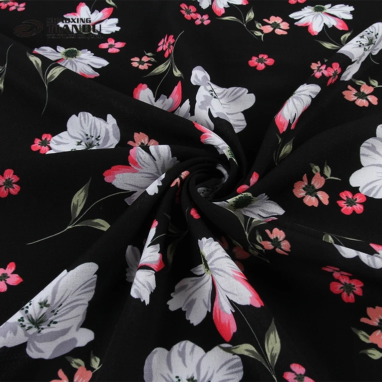 New design shaoxing textile stock lot woven chiffon rose print fabric price per yard