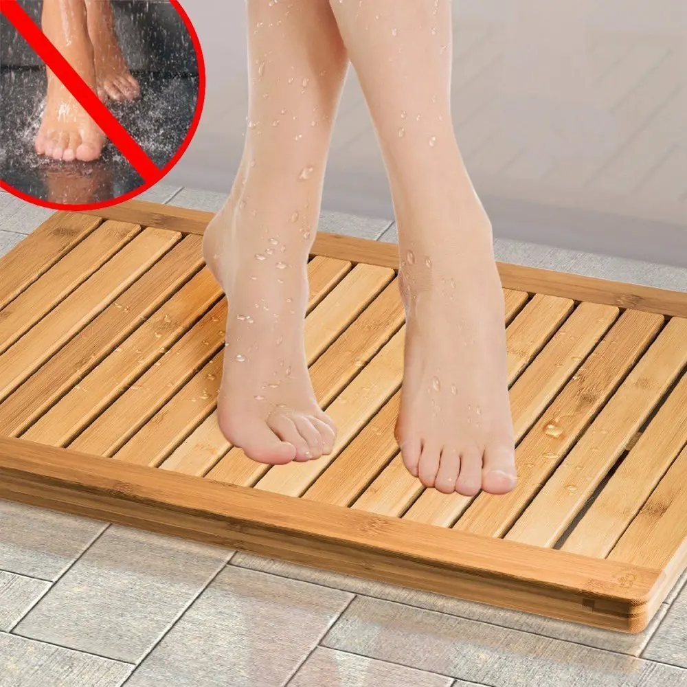 Bamboo Bath Mat Shower Floor Mat for Water Evaporation and Non Slip Rubber Feet for Indoor Outdoor Use
