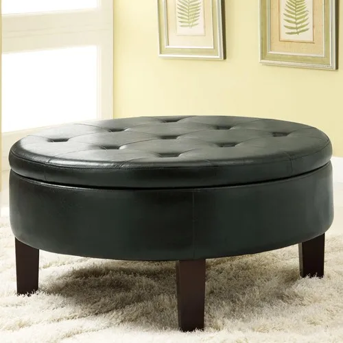 Over -sized Fabric Storage Pouf Cream Round Footstool Ottoman Upholstered Coffee Table