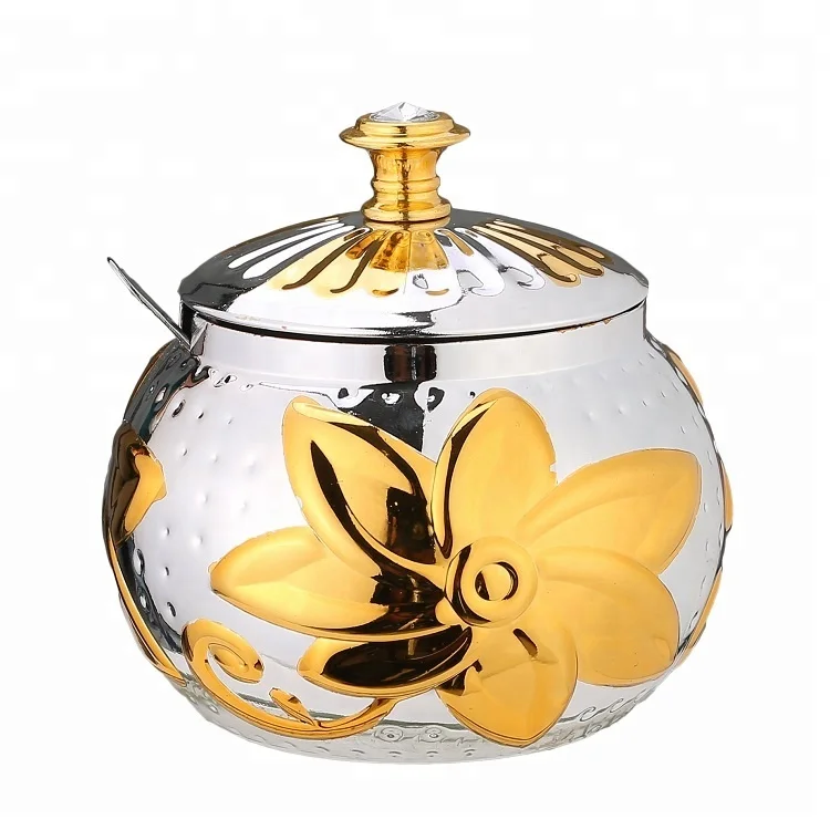 High Quality Morocco Stainless Steel Kitchenware Diamond Knob Cover Metal Spoon Flower Pattern Sugar Jar Spice Pot