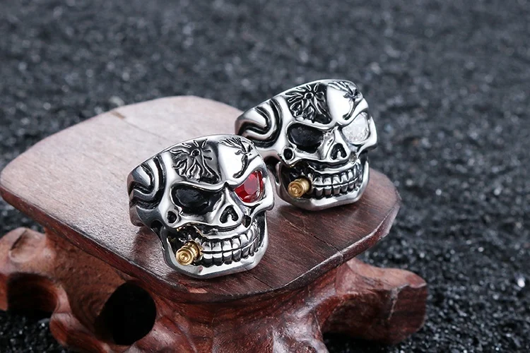 Heavy Stainless steel Punk Golden Bullet Red CZ Eye Skull Rings in Stock