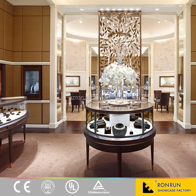 Modern design jewelry store furniture manufacturing round stainless steel jewelry display showcase cabinet for sales