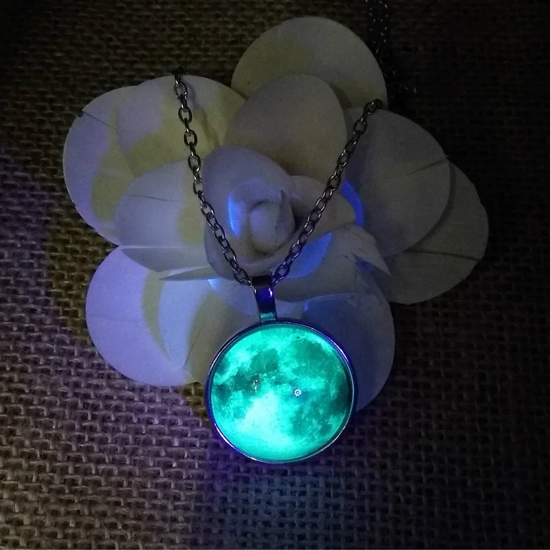 blue full shaped pendant silver moon glow necklace