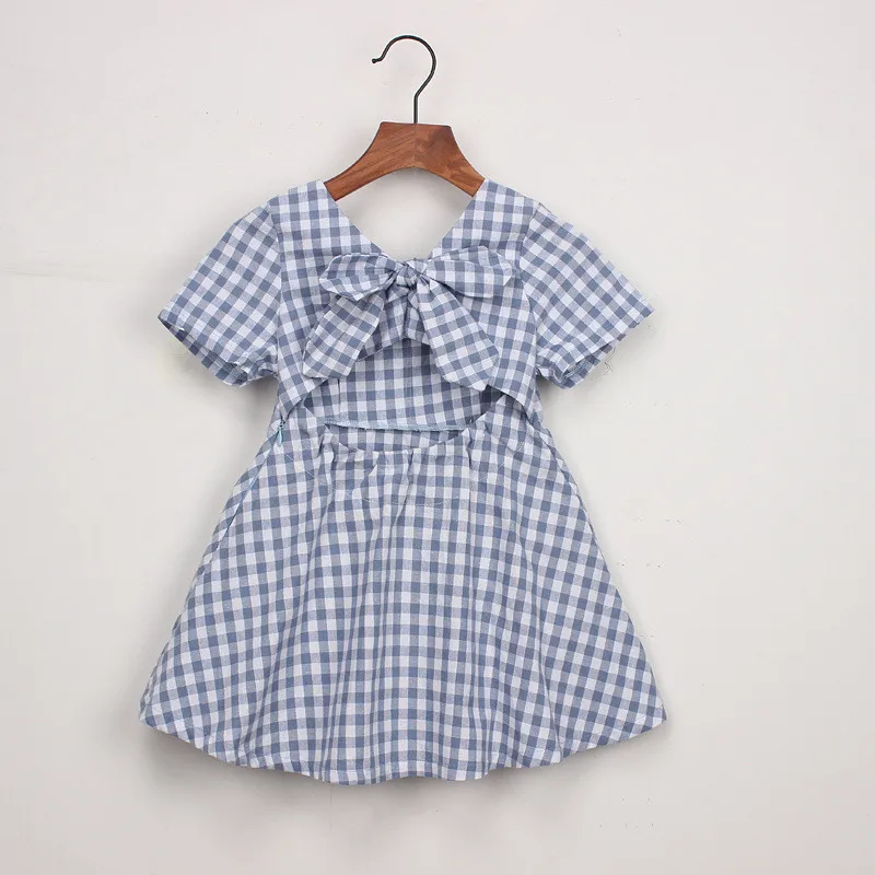 
Western Little Girls Boutique Clothing Blue Plaid Short Sleeve Summer Kids Girls Dress with Bow 