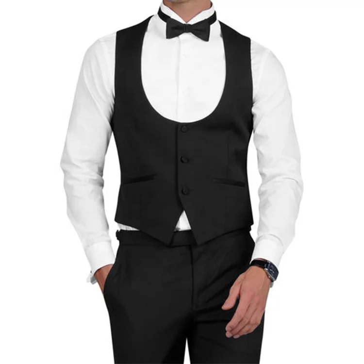 MTM worsted Italian classic slim wedding tuxedo U-shaped lapel vest waistcoat pants black dress mens party wear suits
