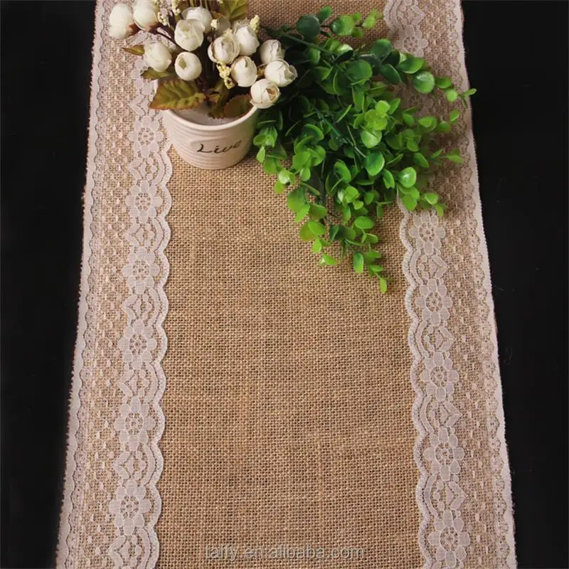 vintage rustic cheap elegant Jute Country Outdoor Wedding Party Decor Burlap Lace Hessian Table Runner