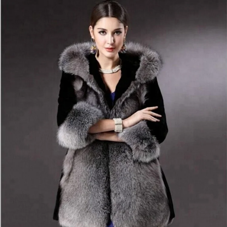Luxury design women long sleeves with genuine silver fox fur coat