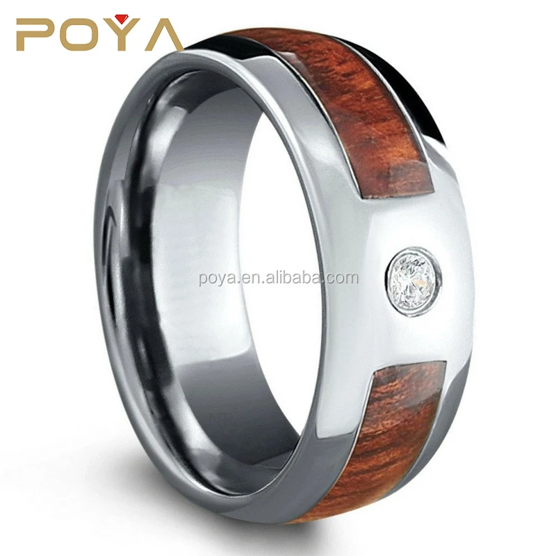 POYA Jewelry Wood Diamond Ring Crafted Out Of Tungsten Carbide - Genuine 0.02ct diamond Engagement Wedding Band