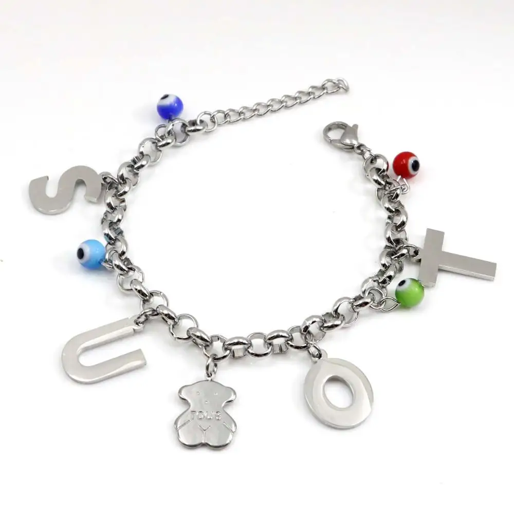 AFXSION 2023 new design jewelry stainless steel colored stone Letter pendant bracelet stainless steel bracelet