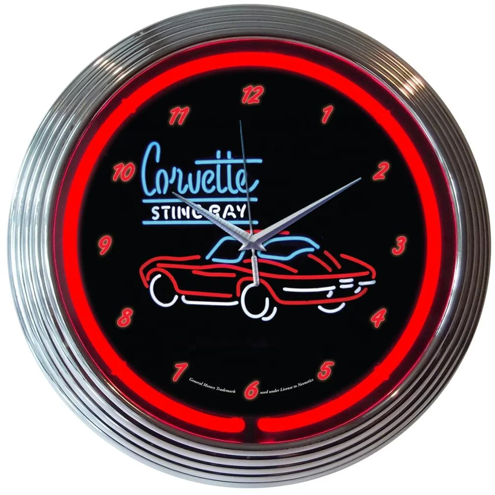 China custom made 15 inch round shape chrome shell 12VDC glass tube light Chevrolet SS neon glass wall clock