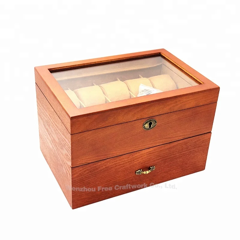 Factory Custom Luxury Solid Wood Watch Gift Box With Drawer Wooden Display Watch Storage Key Lock Box