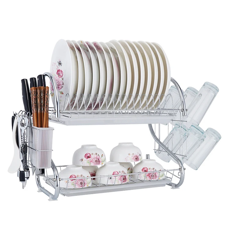 Home Kitchen Storage Rack 2 -Tiers S Type Metal Wire Wesh Drying Dish Rack