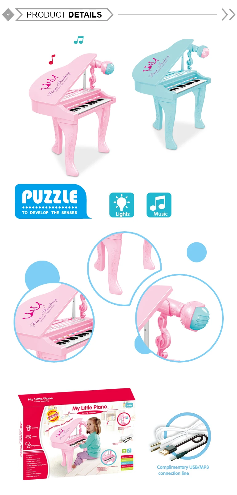 Plastic kids little piano 25 keys electric grand piano keyboard toys with microphone