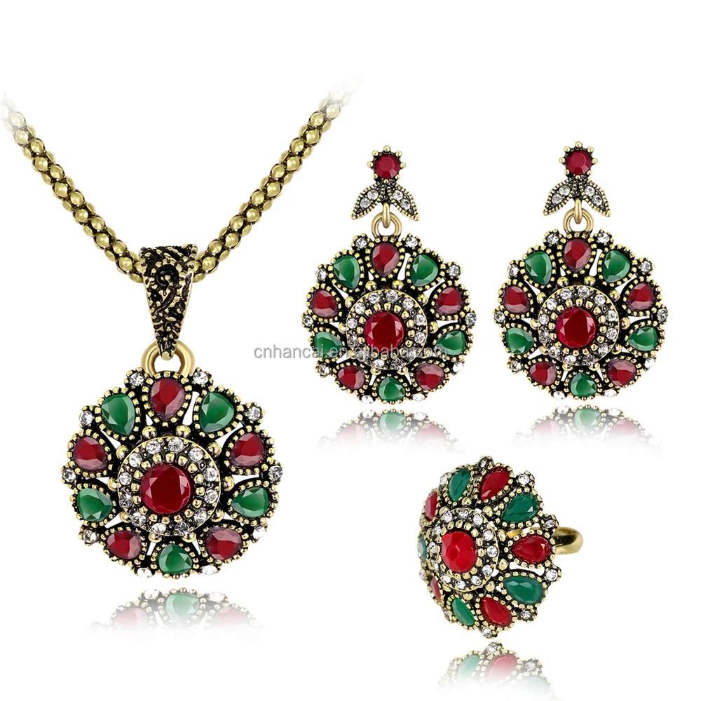 Vintage Rhinestone Bridal Necklace Sets Earrings For Women Jewelry Set Bohemian Rings Wedding Turkish Nigerian Red Jewelry