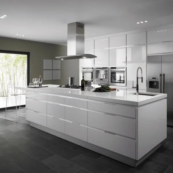 2022 Hangzhou Vermonhouse Grey Color Modern Kitchen Cabinet Designs New Model with Island High Gloss Metal Kitchen Furniture