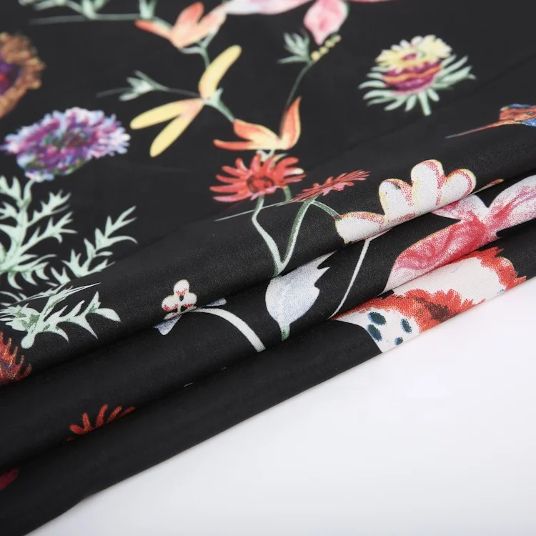 Korean design shinny polyester women custom printed moss chiffon floral printed crepe fabric ready goods wholesale