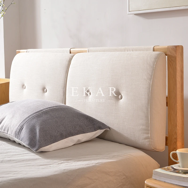 Fashion Modern Bedroom Furniture Solid Wood Bed Frame Fabric Headboard Nordic Simple Style Wooden Double Bed