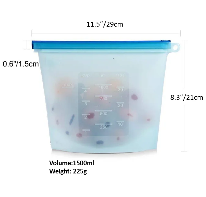 1500ml Zip Lock Bags Holder Vegetable Food Reusable Silicone Food Storage Bag