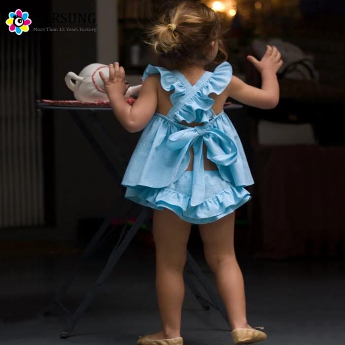 2017 New Product Fancy Dress Girls Blue Puffled Seersucker Short Bubble Dress Sets Fashion Girls Cotton Summer Dresses