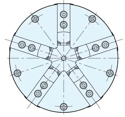 Lathe 5 jaw chuck with built-in cylinder. Strong clamping, customized chuck with 5 pliers, pneumatic hollow through-hole chuck