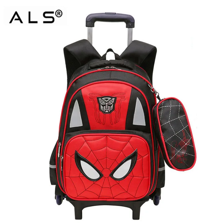 
Cartoon Detachable Children Trolley School Bag With Three Wheel Spiderman Trolley Backpack 