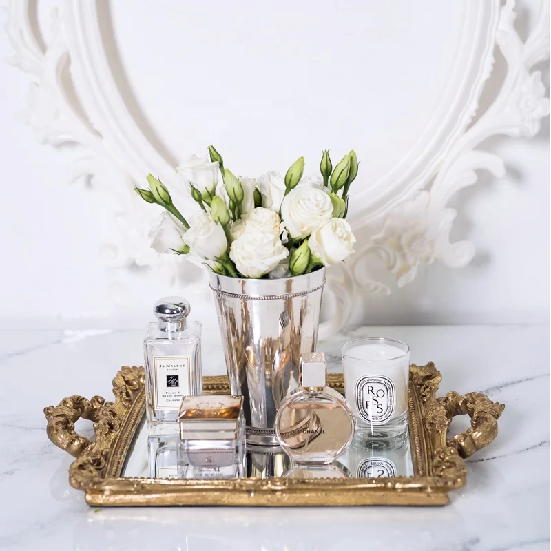 
European Style gold Decoration Custom Hotel Home Decor Antique serving Mirror Square Jewelry Resin Fruit Tray For Wedding luxury 