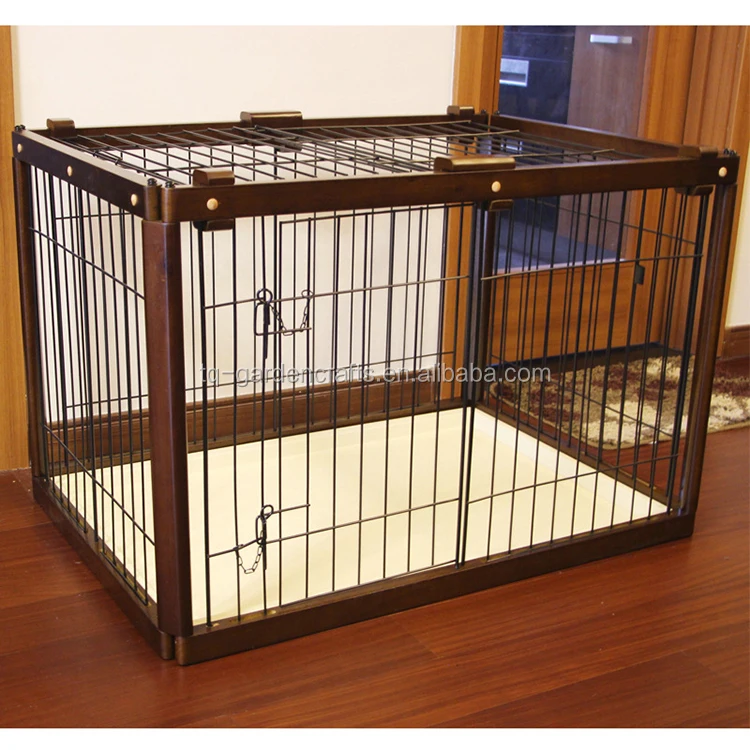 Nut-brown Rubber Wood Dog Kennel Iron Fence Pet Cage