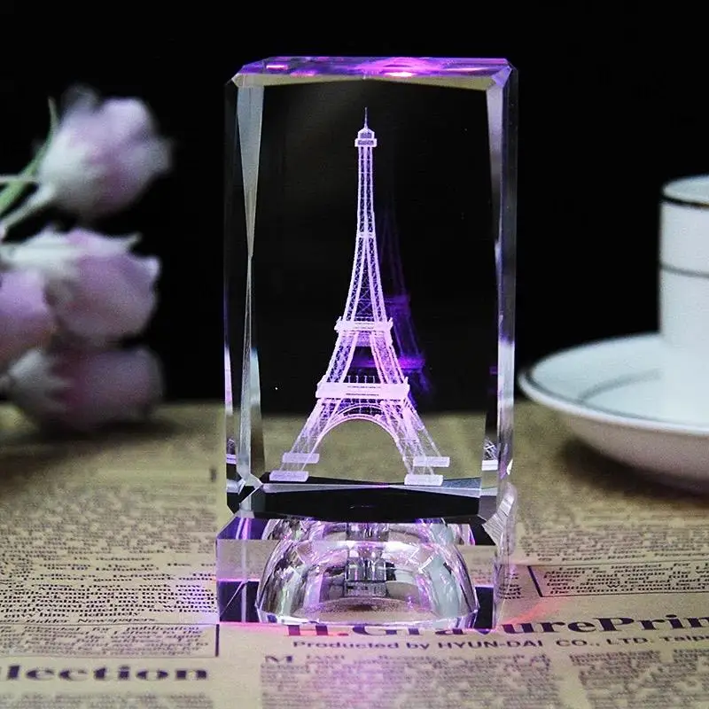 Hot Romantic Paris Eiffel Tower 3d Engraved Crystal Cube Led Night Stand Valentines Souvenir Gifts